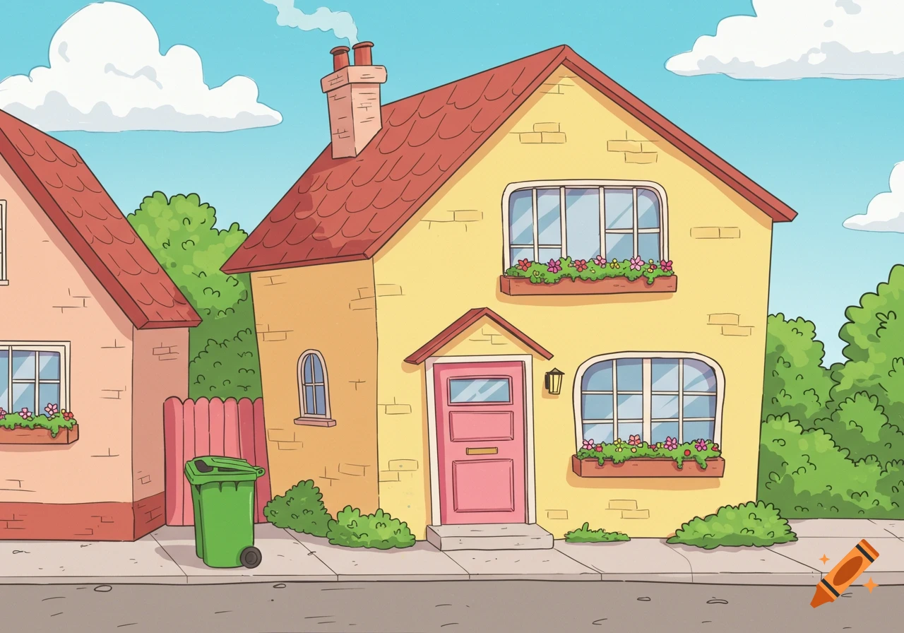 Cartoon illustration of a yellow house with a pink door on a street curb next to a green trash bin.