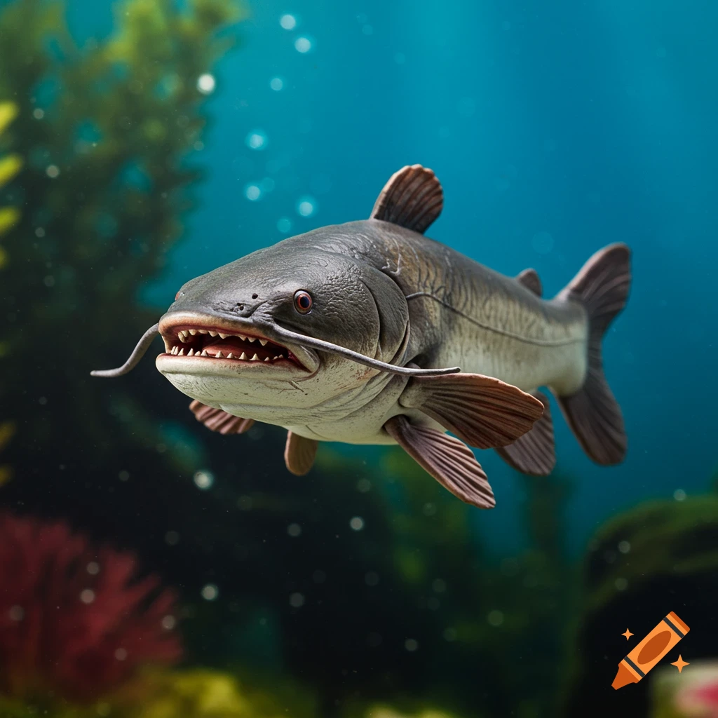 A catfish action figure swims underwater.