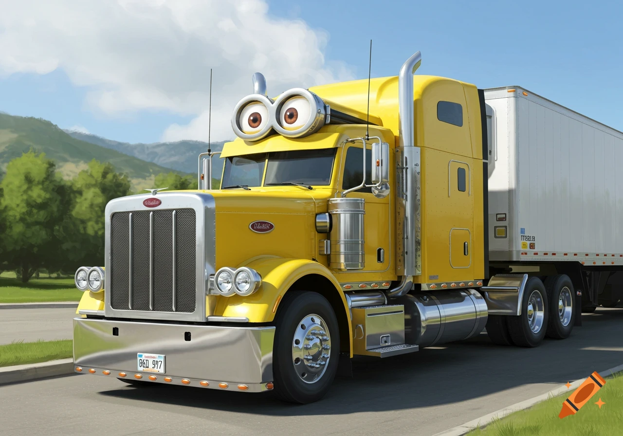 A yellow Peterbilt truck with large Minion-like eyes on the roof is parked on a road with mountains in the background.