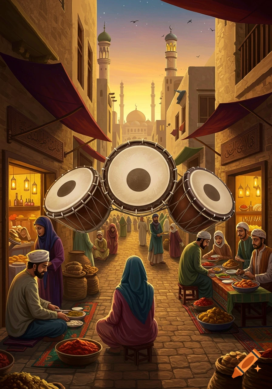 Stylized image of a bustling street in a Middle Eastern city at sunset with floating drums, people, and shops.