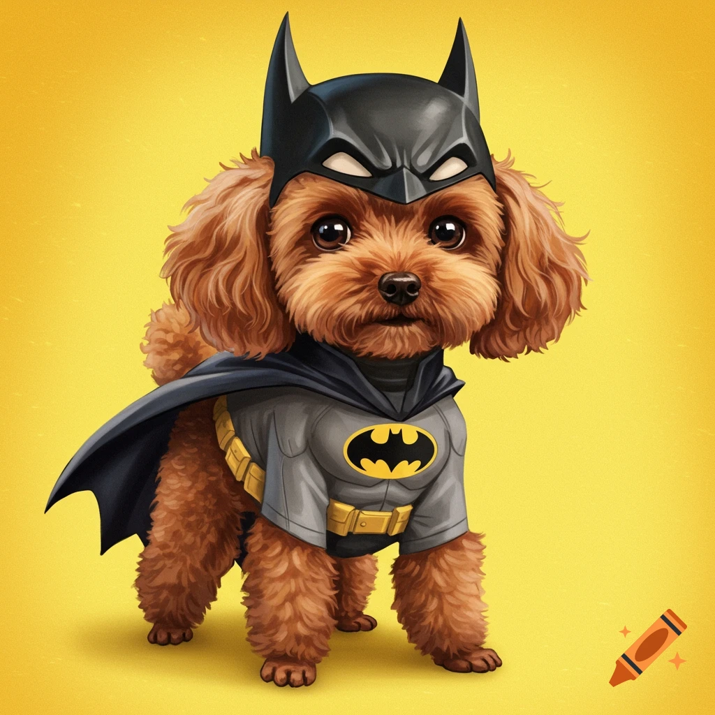 A cute brown toy poodle dog wearing a Batman costume standing on a yellow background.