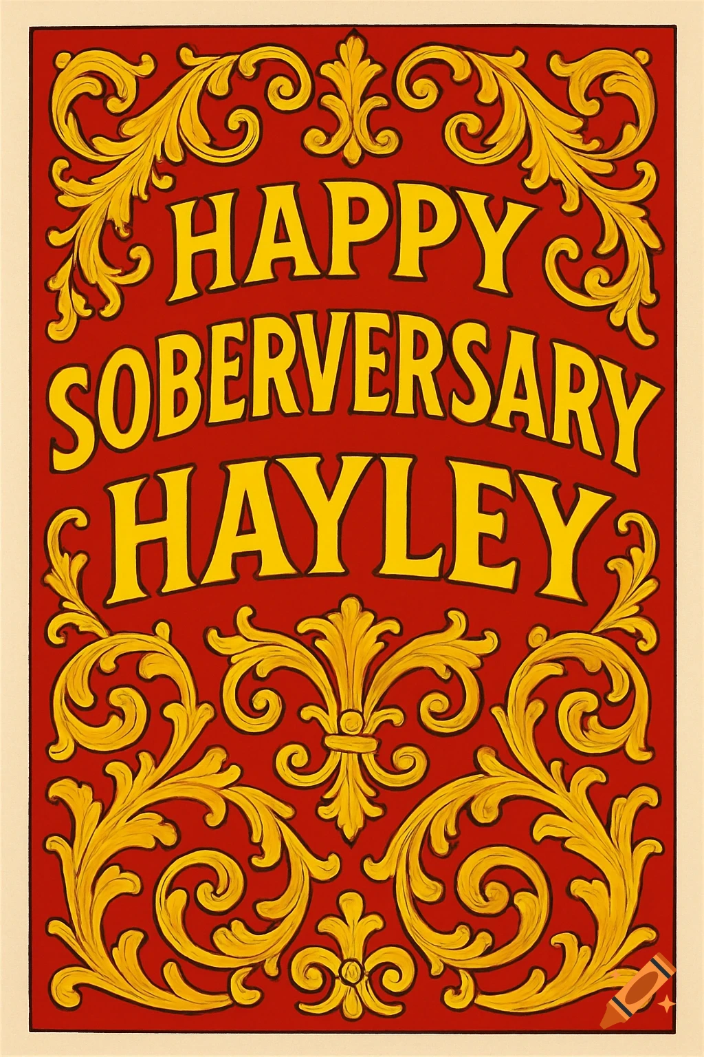 Happy Soberversary Hayley text on a red background with gold ornate scrollwork.