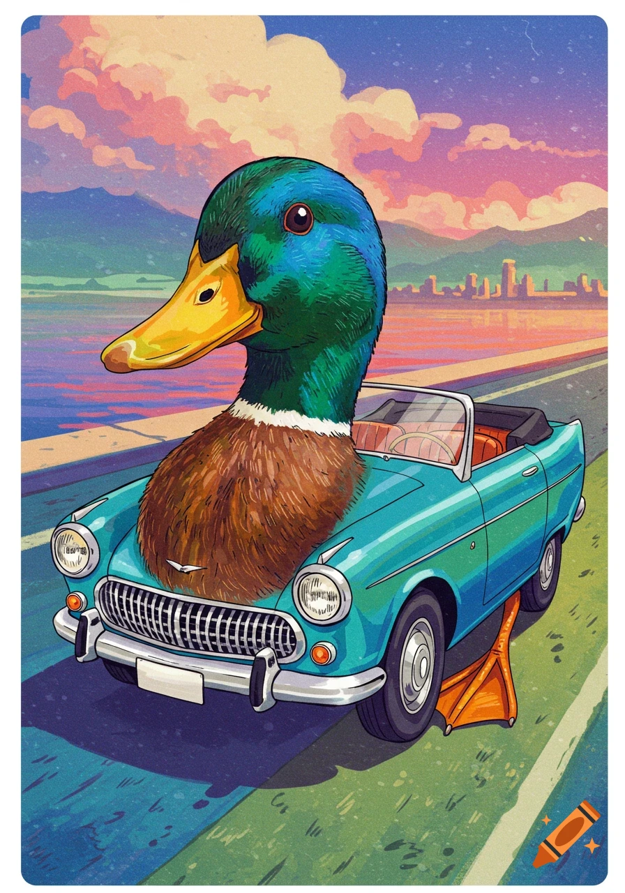 Illustration of a mallard duck head on a blue vintage car driving on a road at sunset.