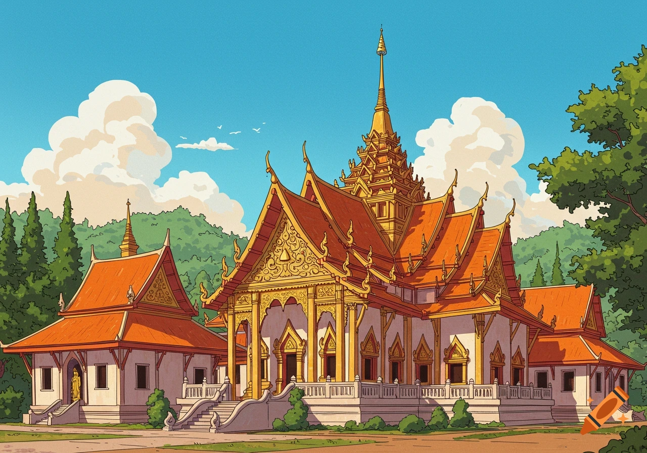 Stylized illustration of a Buddhist temple with orange roofs and gold details.