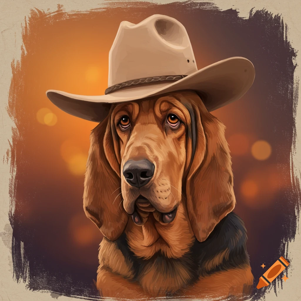 A bloodhound dog wears a cowboy hat in a digital painting.