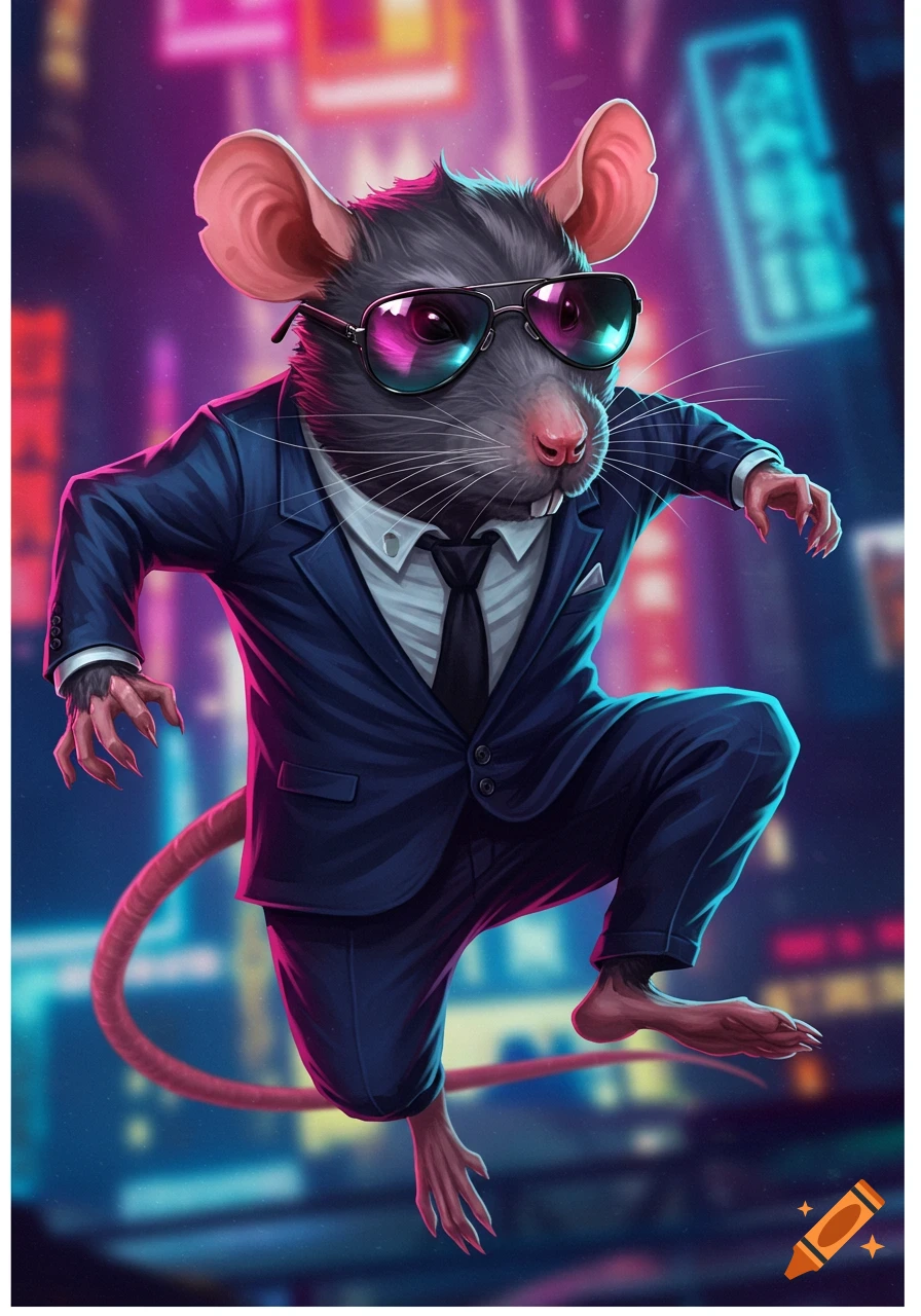 A stylized rat in a suit and sunglasses leaps against a neon city background.