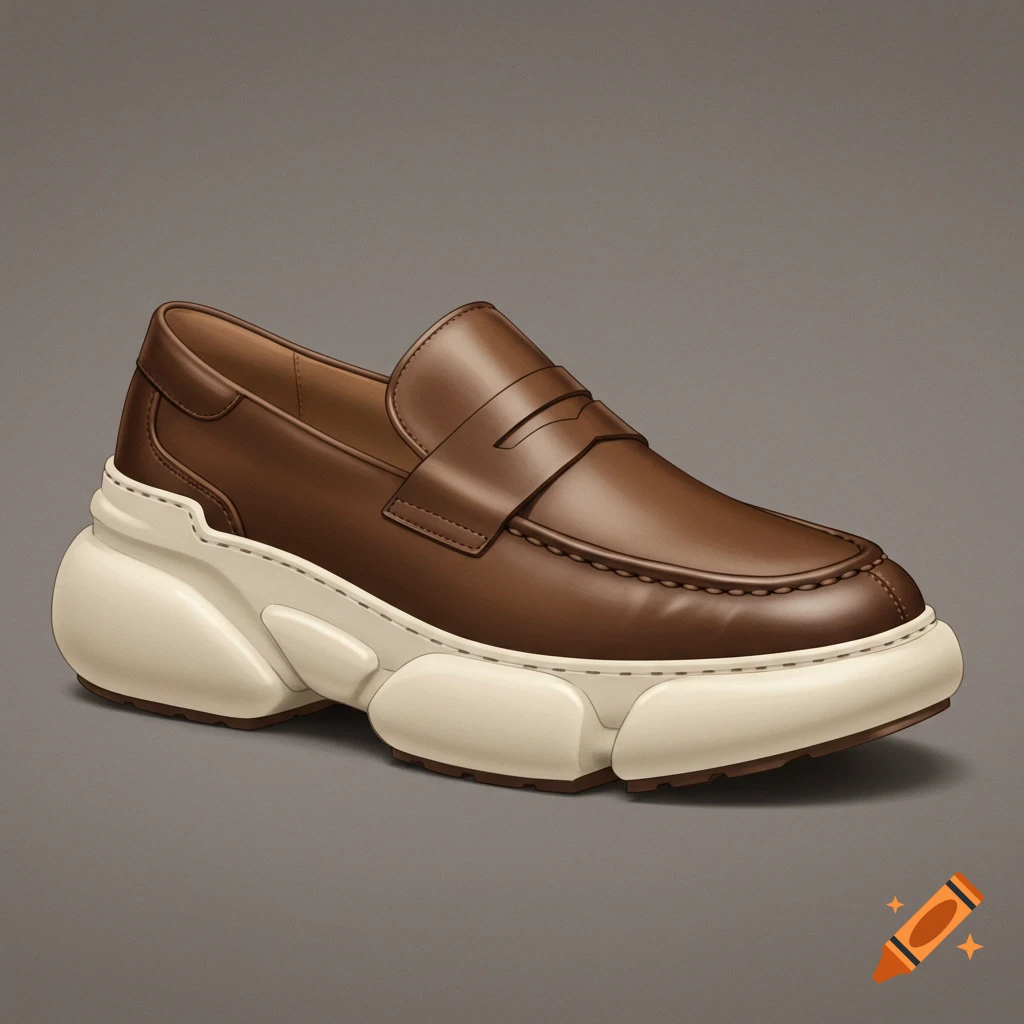 A brown leather loafer with a thick, off-white chunky sneaker sole against a gray background.