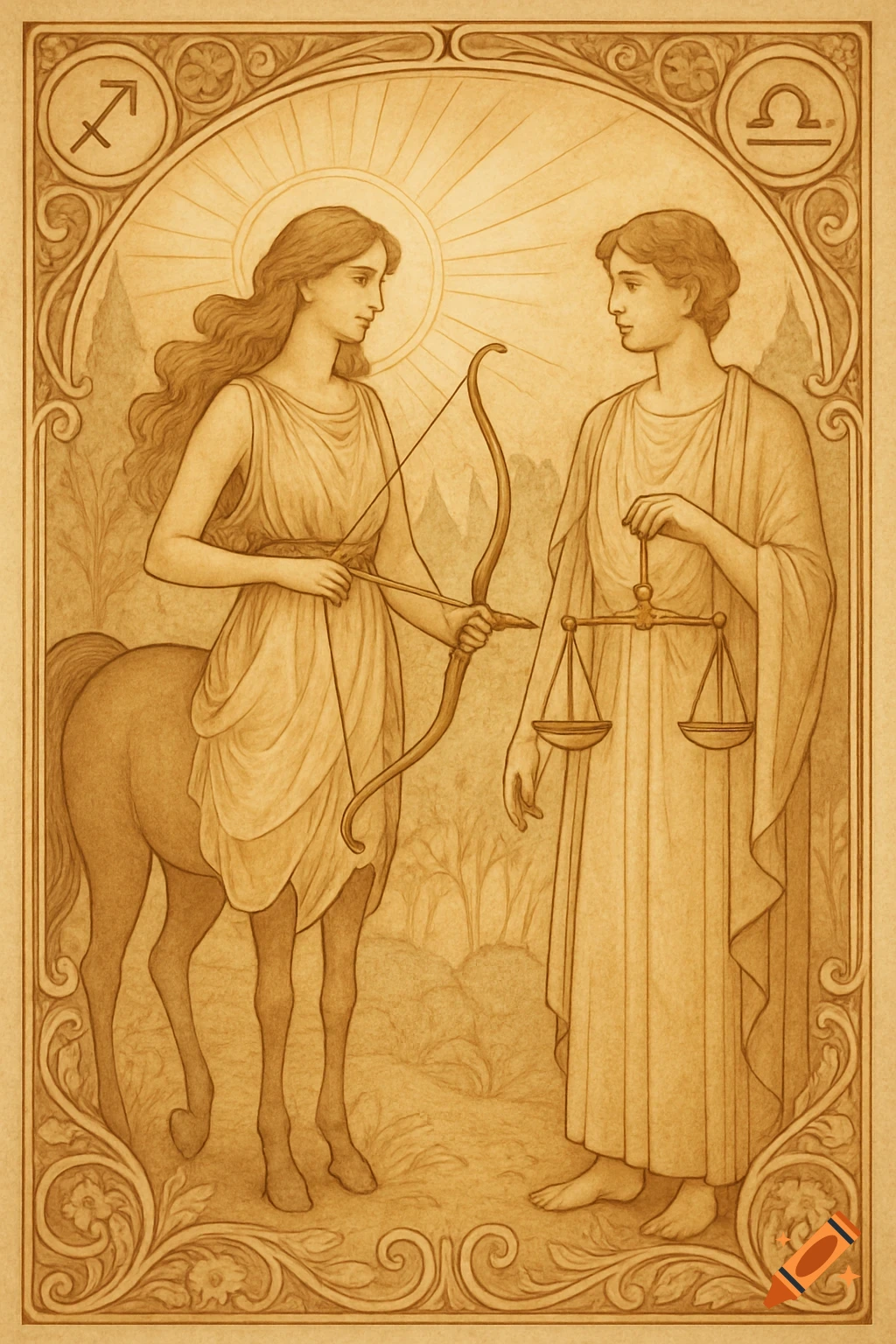 Art Nouveau illustration of a female centaur (Sagittarius) with a bow and a person holding scales (Libra) in sepia tones.