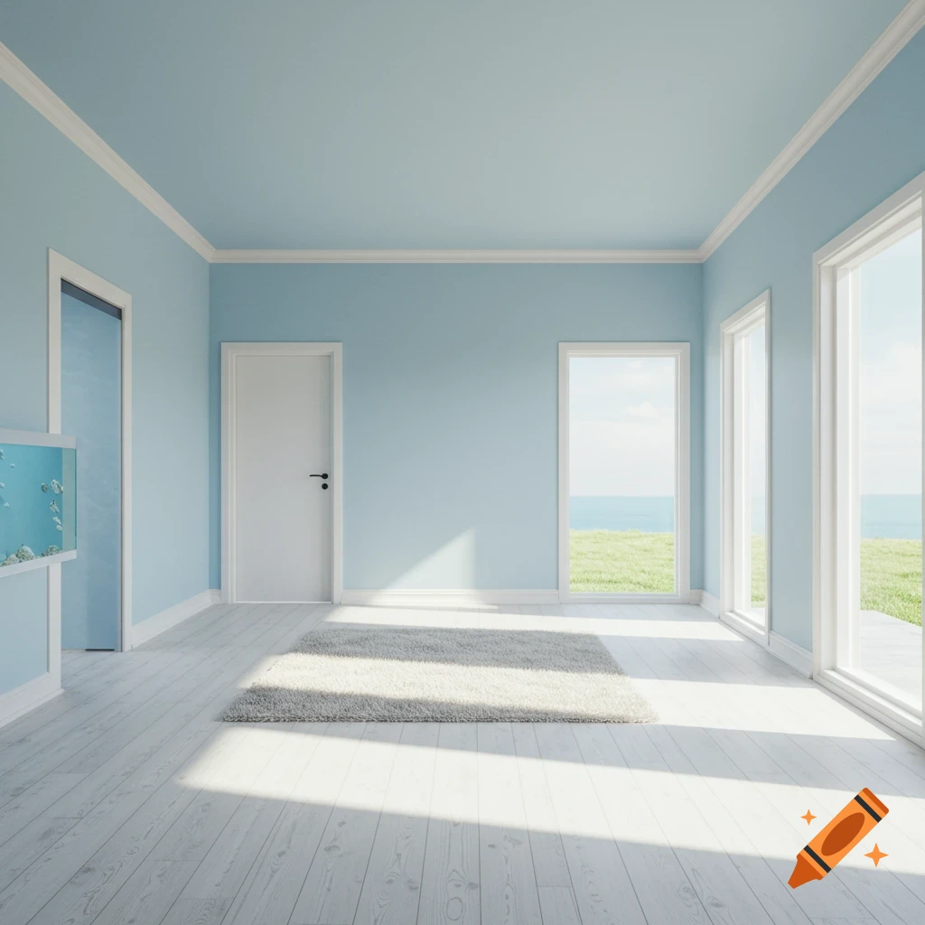 Empty room with light blue walls, white wood floor, and large windows overlooking the ocean. A fish tank is on the left.