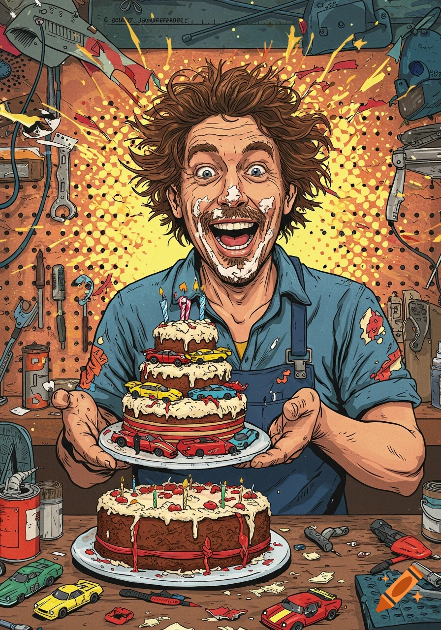 Illustration of a happy man covered in frosting, holding a birthday cake decorated with model cars in a messy workshop.