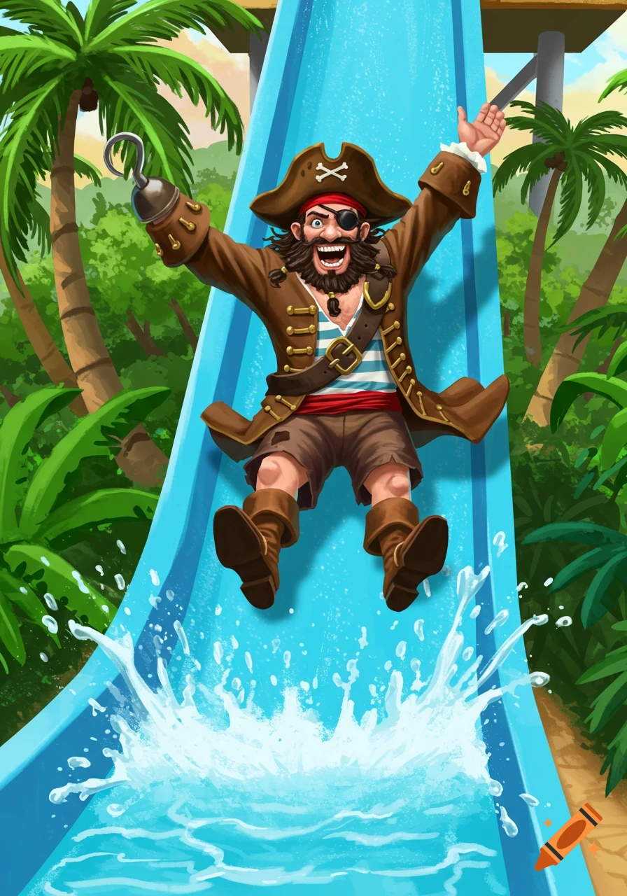Cartoon pirate sliding down a blue water slide in a tropical setting with splash.