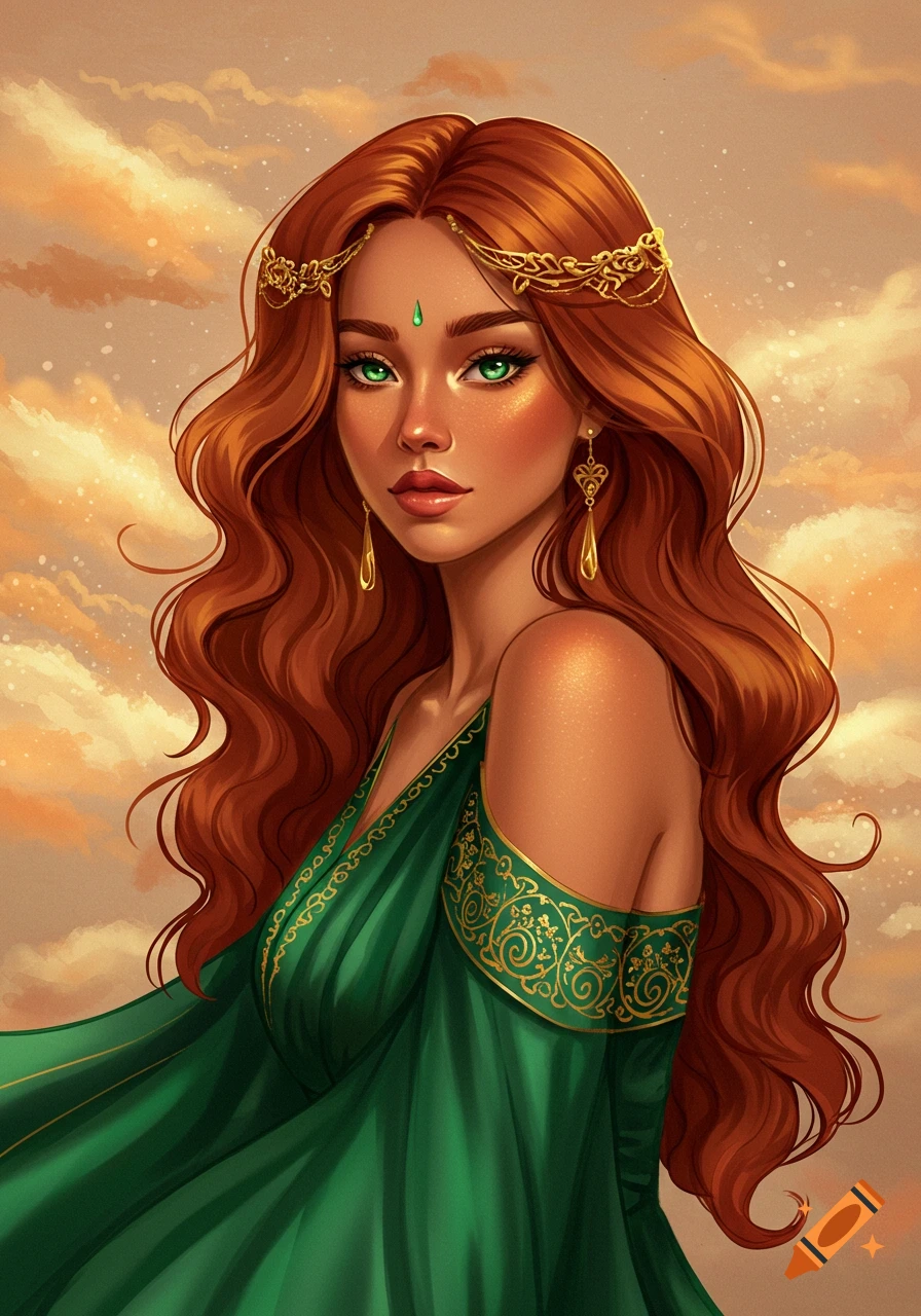 Digital painting of a woman with red hair, green eyes, wearing a green ...