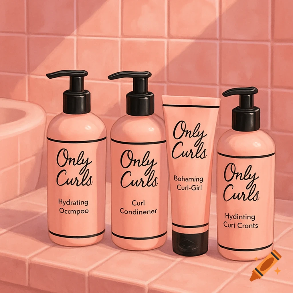 Four bottles and a tube of peach-colored hair products with 'Only Curls' labels are lined up on a tiled surface in a pink bathroom.