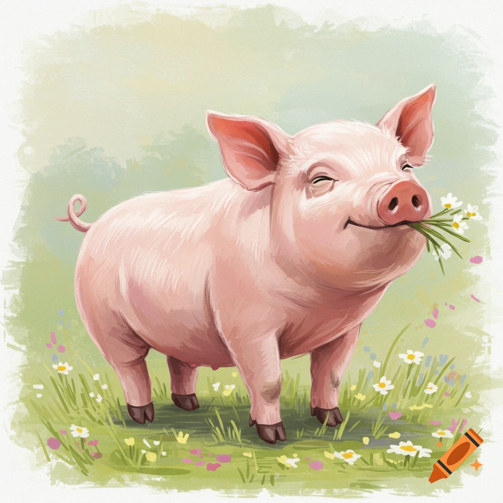Cute pink pig holding flowers in its mouth, standing in a field of flowers. Digital illustration.