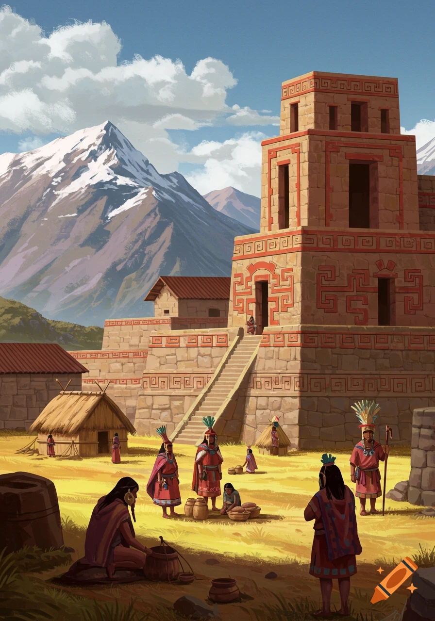 Illustration of an ancient civilization with stone buildings, people in traditional clothes, and mountains in the background.