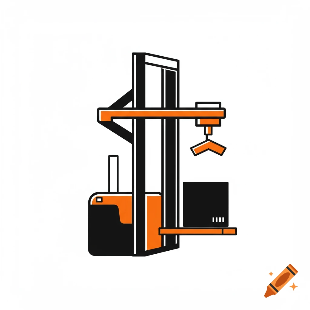 An icon of an orange and black industrial stacker crane lifting a box.