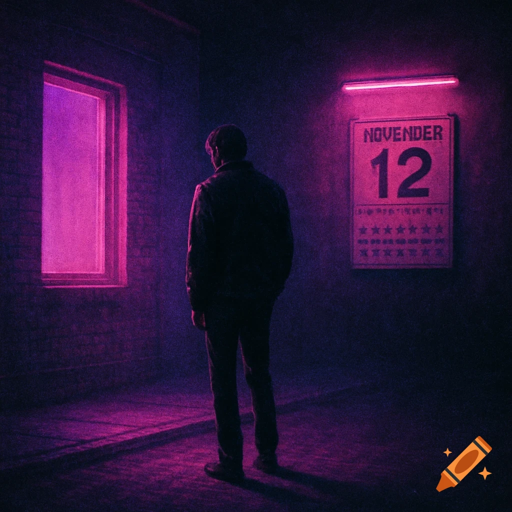 Figure in a dark alley looks at a pink window, with a calendar showing November 12.