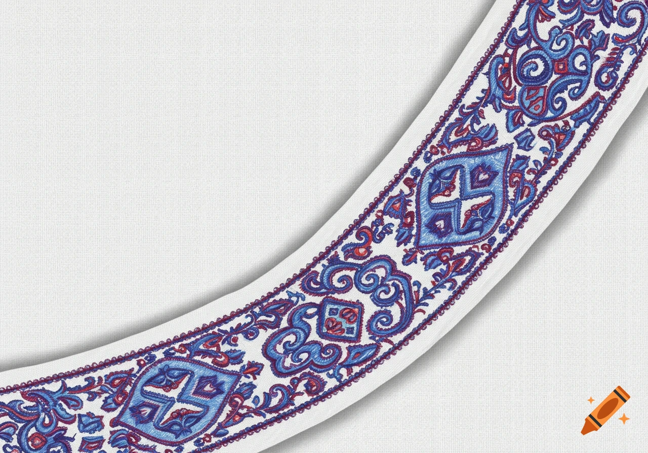Embroidered sash with blue, purple, and scarlet pattern on white linen fabric.