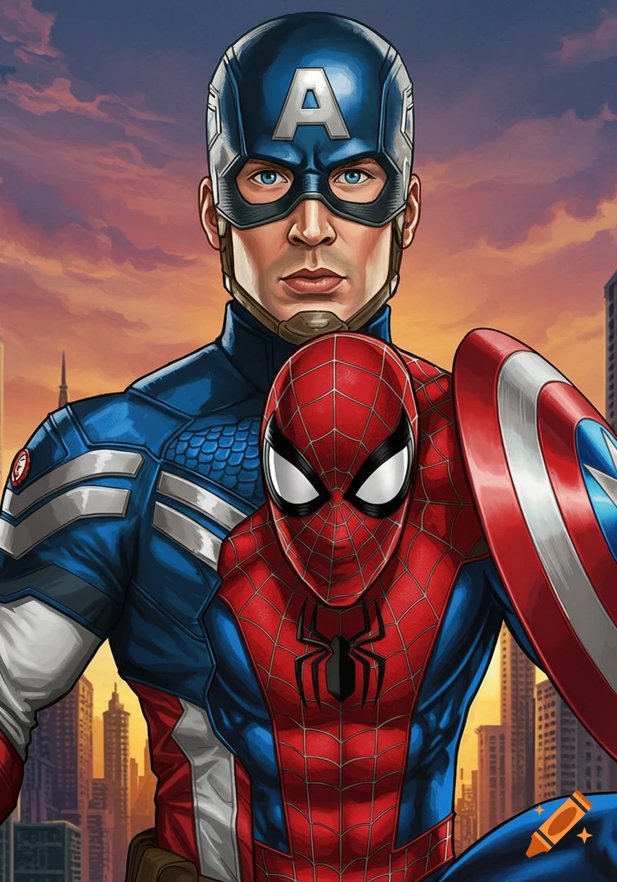 Captain America and Spider-Man pose together against a sunset cityscape backdrop in a comic book illustration style.