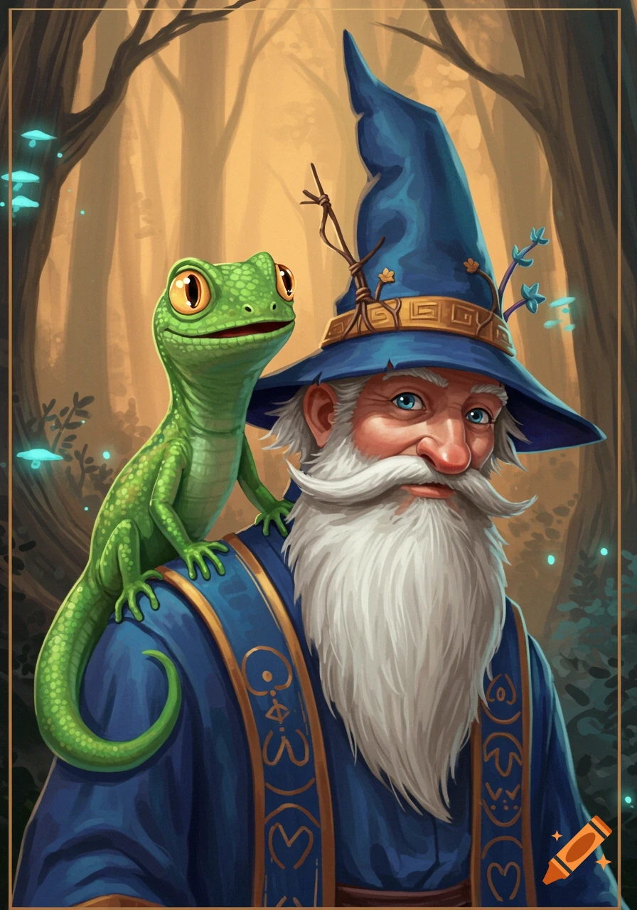 Cartoon wizard with white beard and blue hat, with a green lizard on his shoulder, in a forest setting.