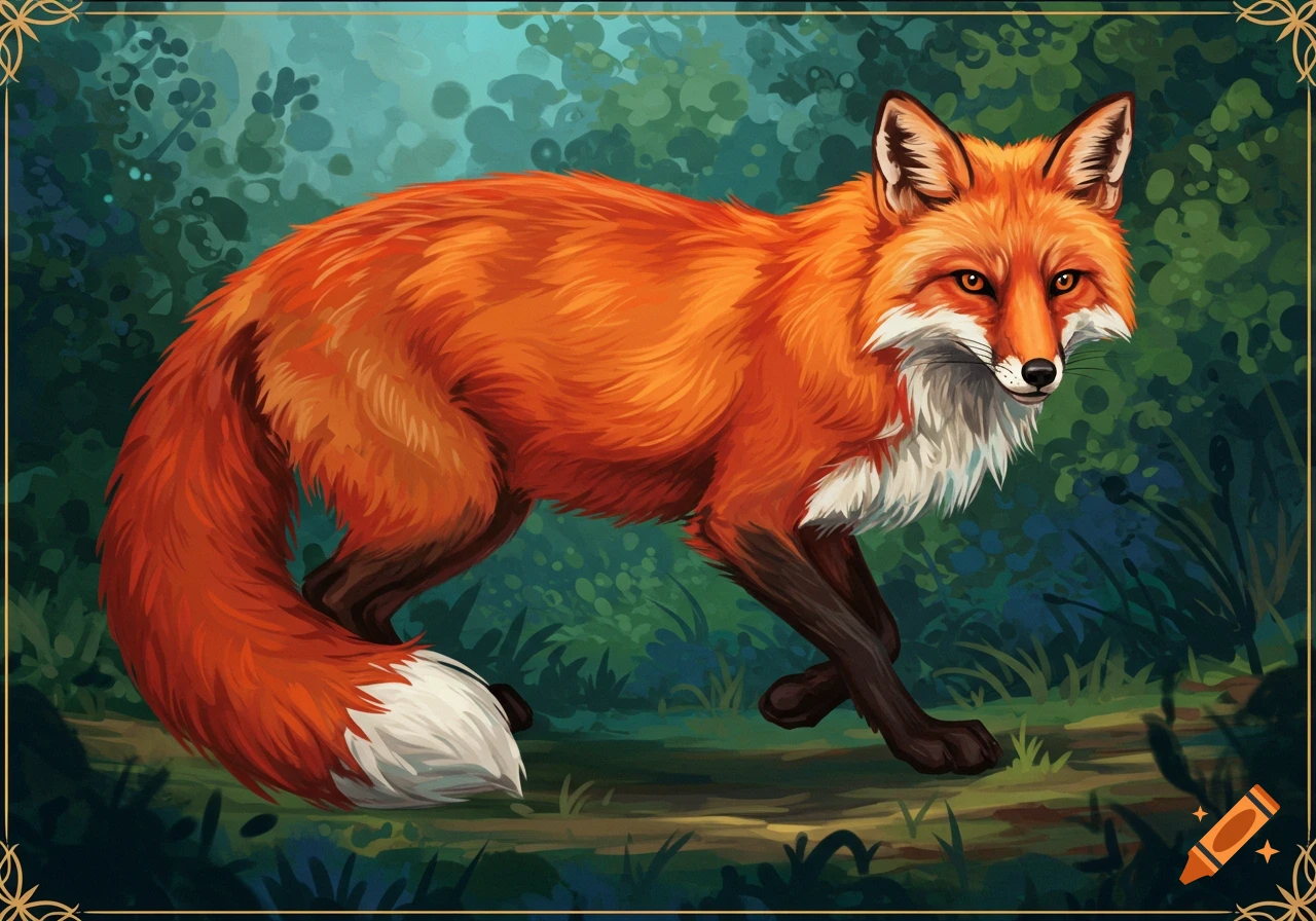 Illustration of a red fox standing in a forest.