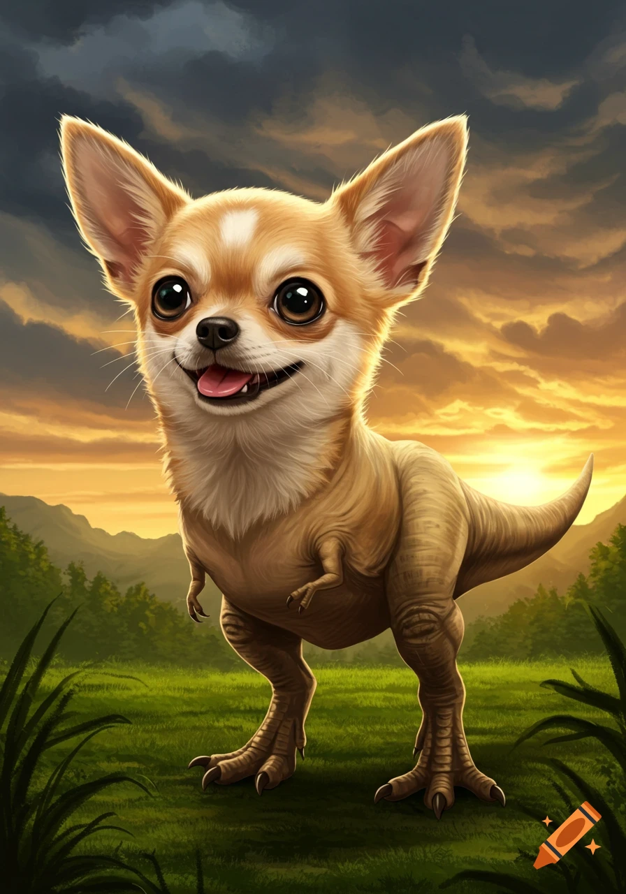 A chihuahua's head on a t-rex body stands in a grassy field at sunset, digital art.
