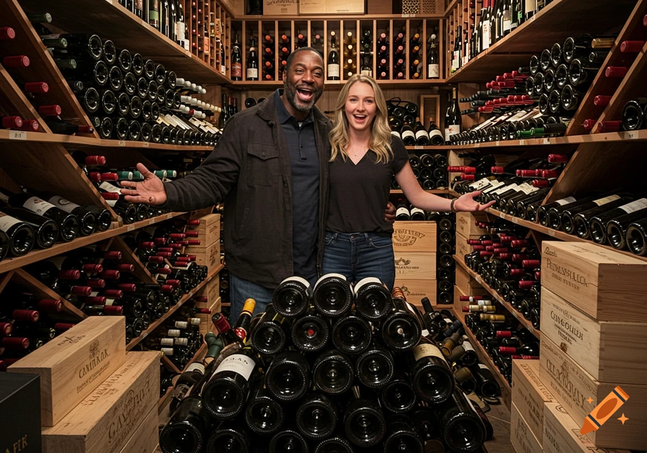 Two happy people stand in a wine cellar overflowing with bottles.