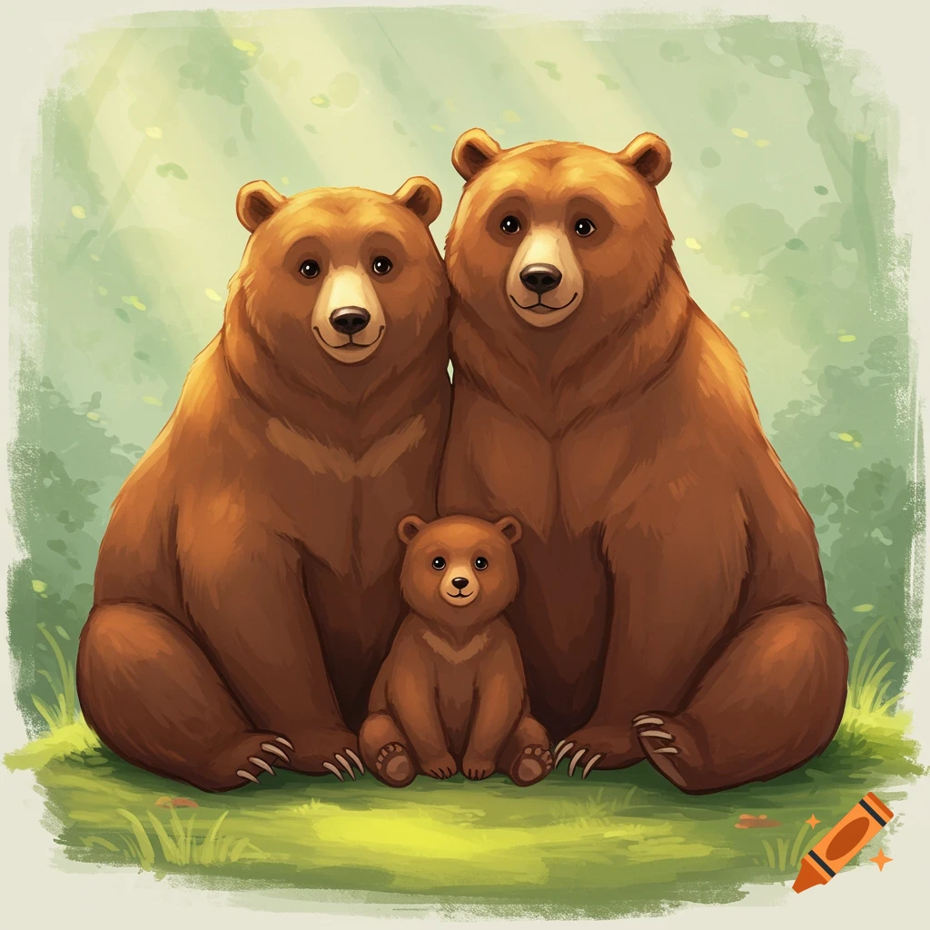 Illustration of a bear family sitting in grass