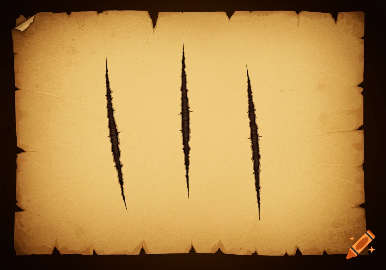 Old parchment paper with three vertical cuts or scars.