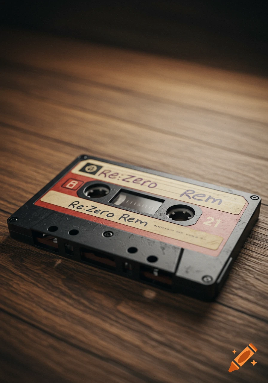 Close-up photorealistic image of a black cassette tape with labels that read Re:Zero Rem, resting on a wooden surface.