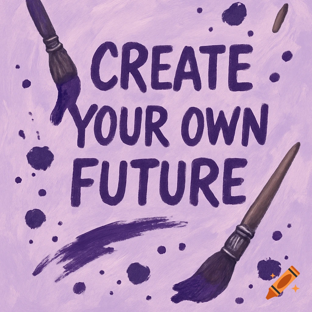Painting of paint brushes and purple splatters around the text 'Create Your Own Future' on a light purple background.