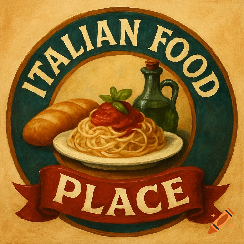Illustration of Italian food (spaghetti, bread, olive oil) and text "ITALIAN FOOD PLACE" on a logo.