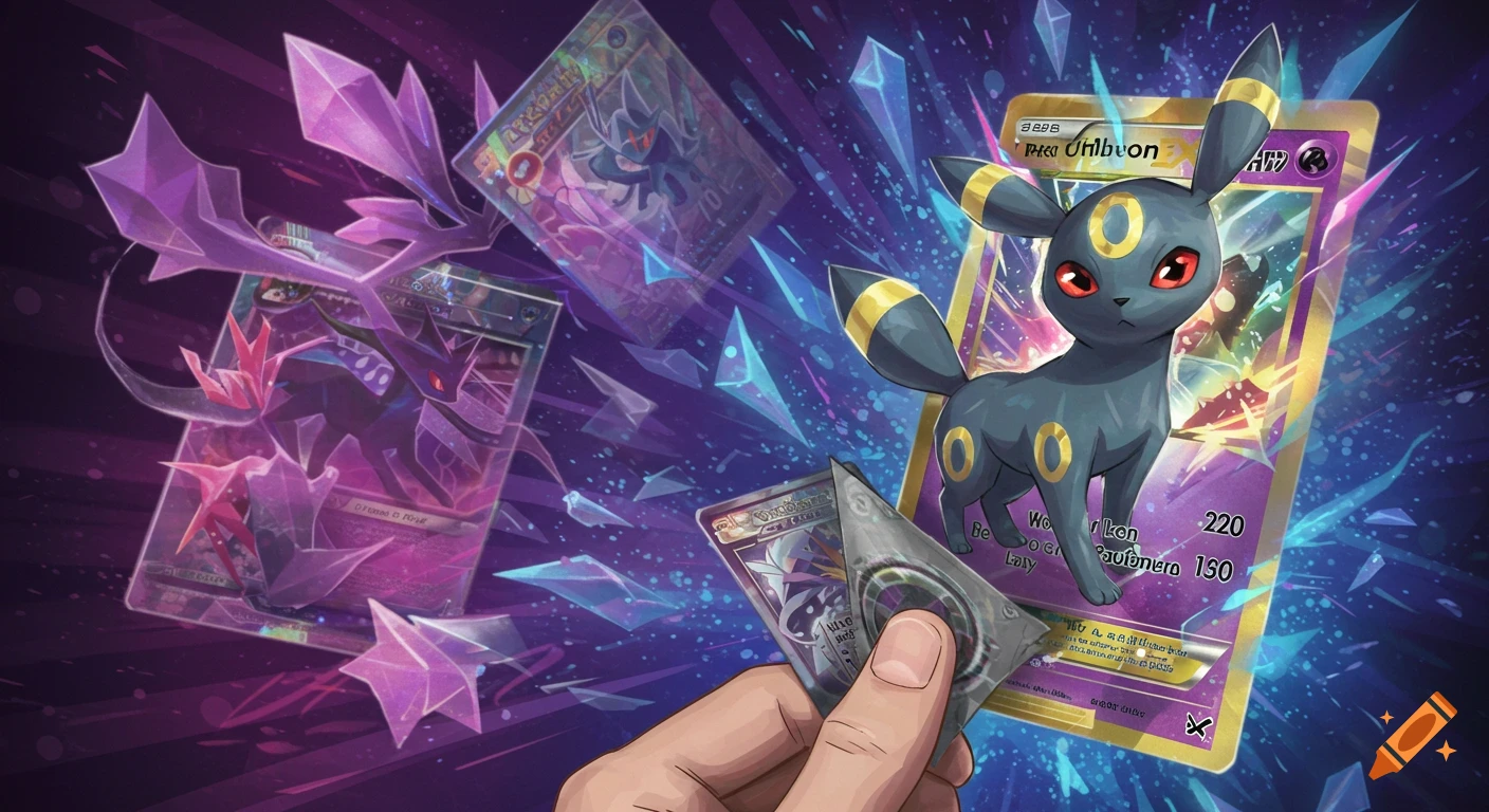 A hand holds a Pokemon card, surrounded by other cards including Umbreon and Yveltal, and floating crystals on a starry background.