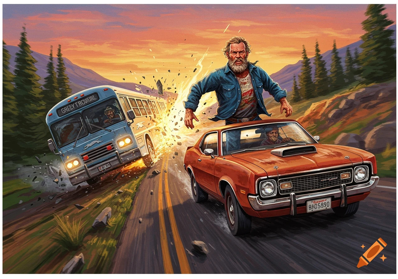 A man stands on a red car crashing into a blue bus on a mountain road at sunset.