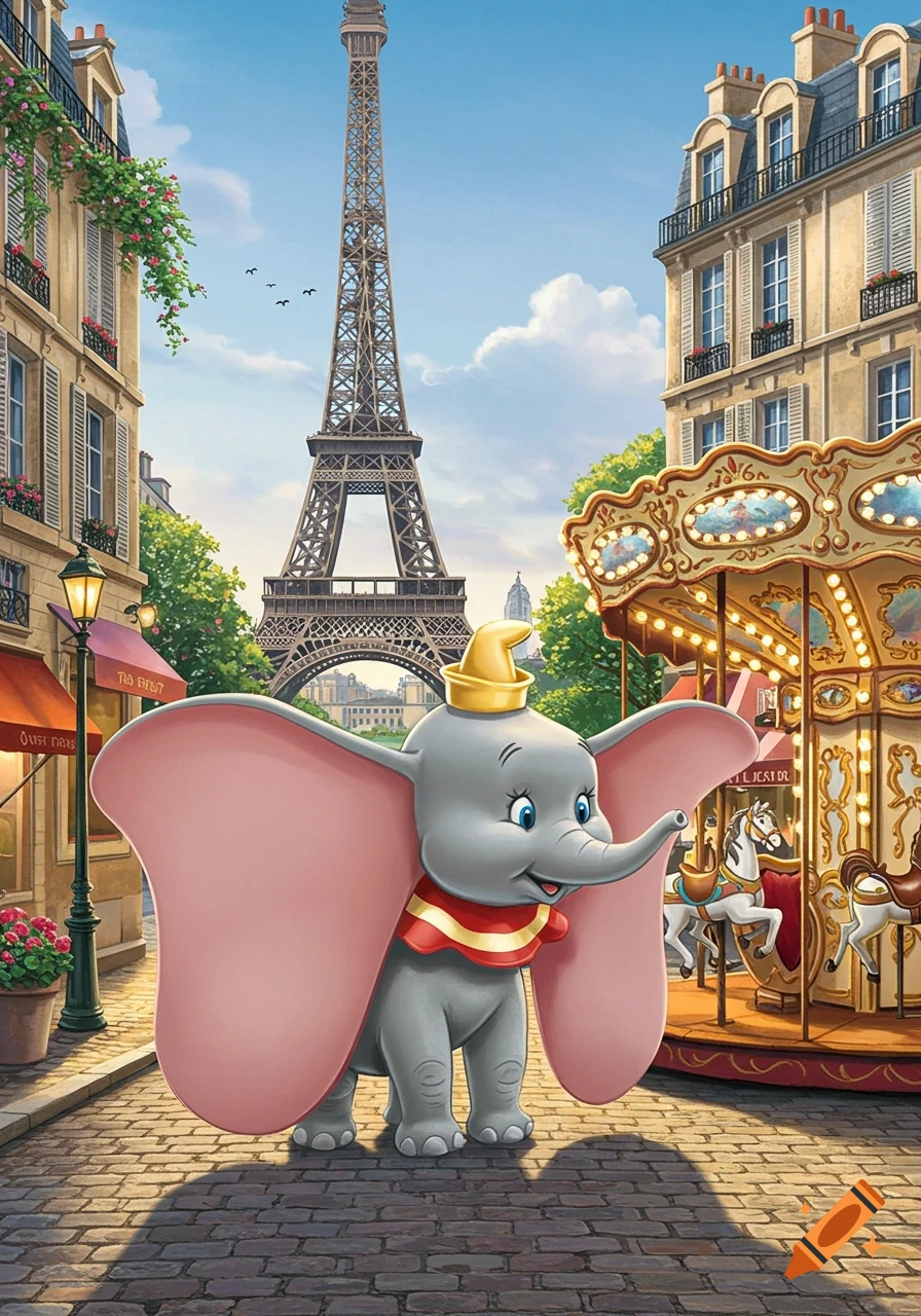 Cartoon Dumbo character stands on a cobblestone street in Paris near a carousel with the Eiffel Tower in the background.