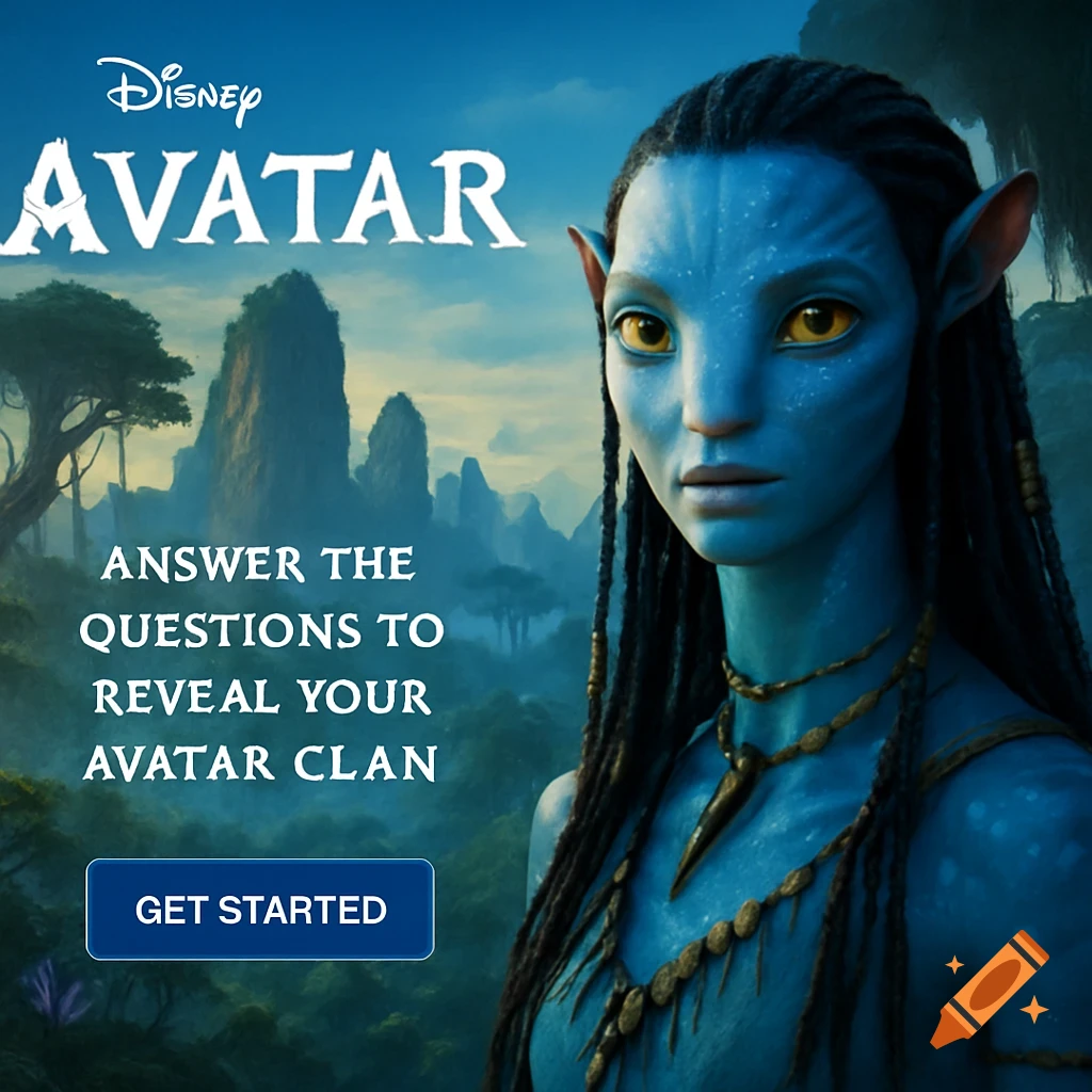 A Na'vi woman stands in front of a blue background with mountains and text promoting a Disney Avatar quiz.