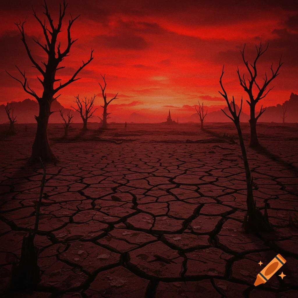 A desolate cracked earth landscape with bare trees under a fiery red sky.