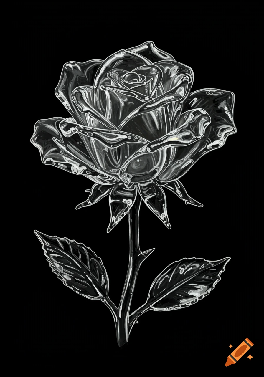 Illustration of a clear glass rose on a black background