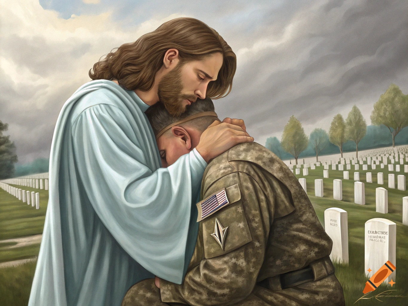 Jesus Christ hugs a soldier in a cemetery in a digital painting style.