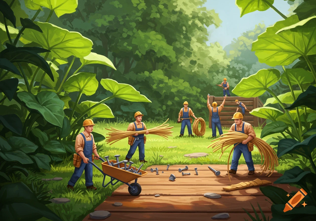 Tiny workers in a lush garden carrying materials in a wheelbarrow and bundling ropes.