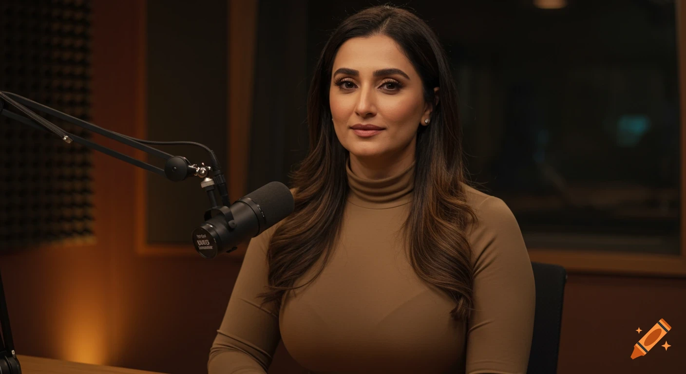 Realistic portrait of a woman seated at a podcast desk with a microphone.
