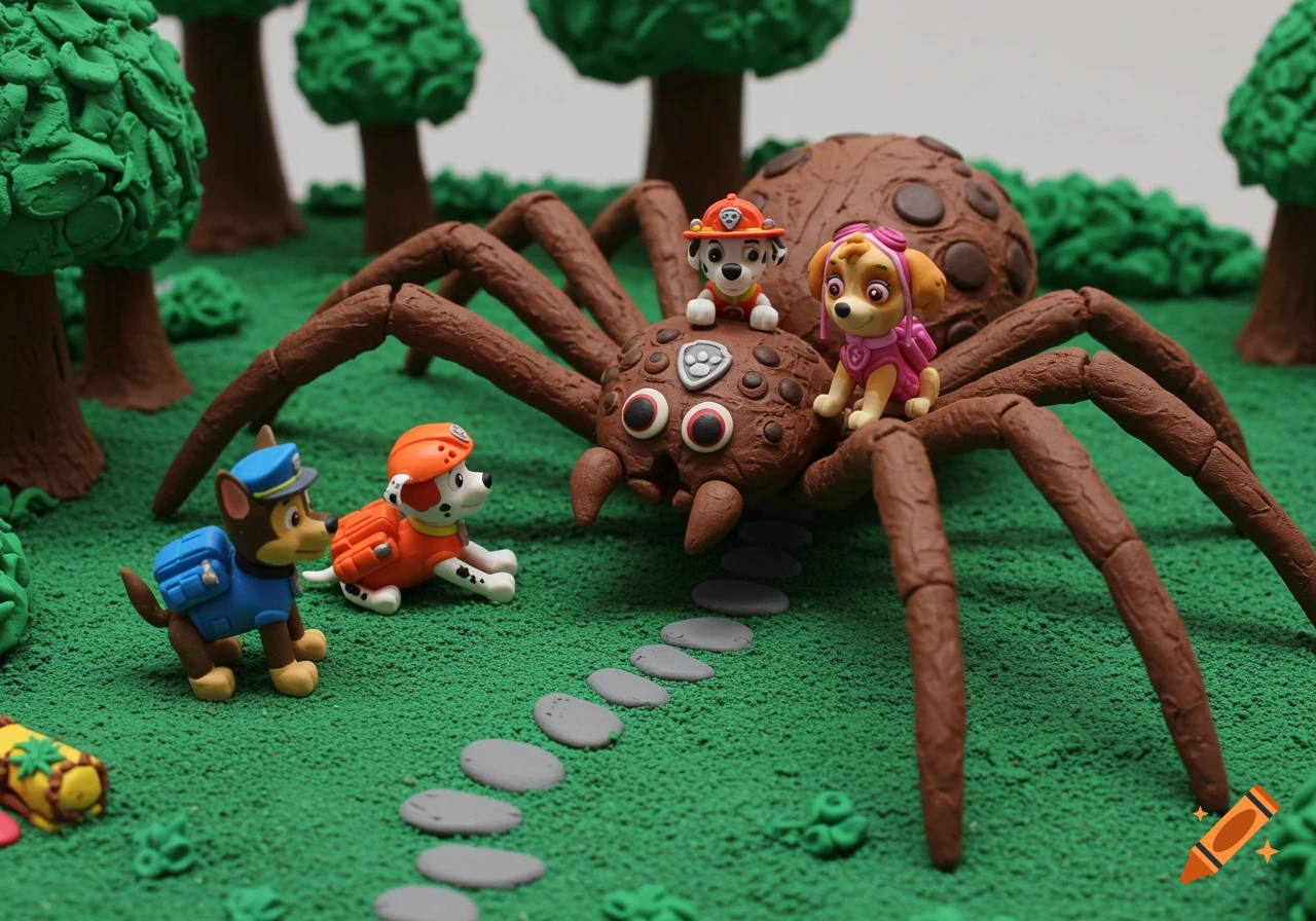 Clay model diorama with Paw Patrol characters and a spider.
