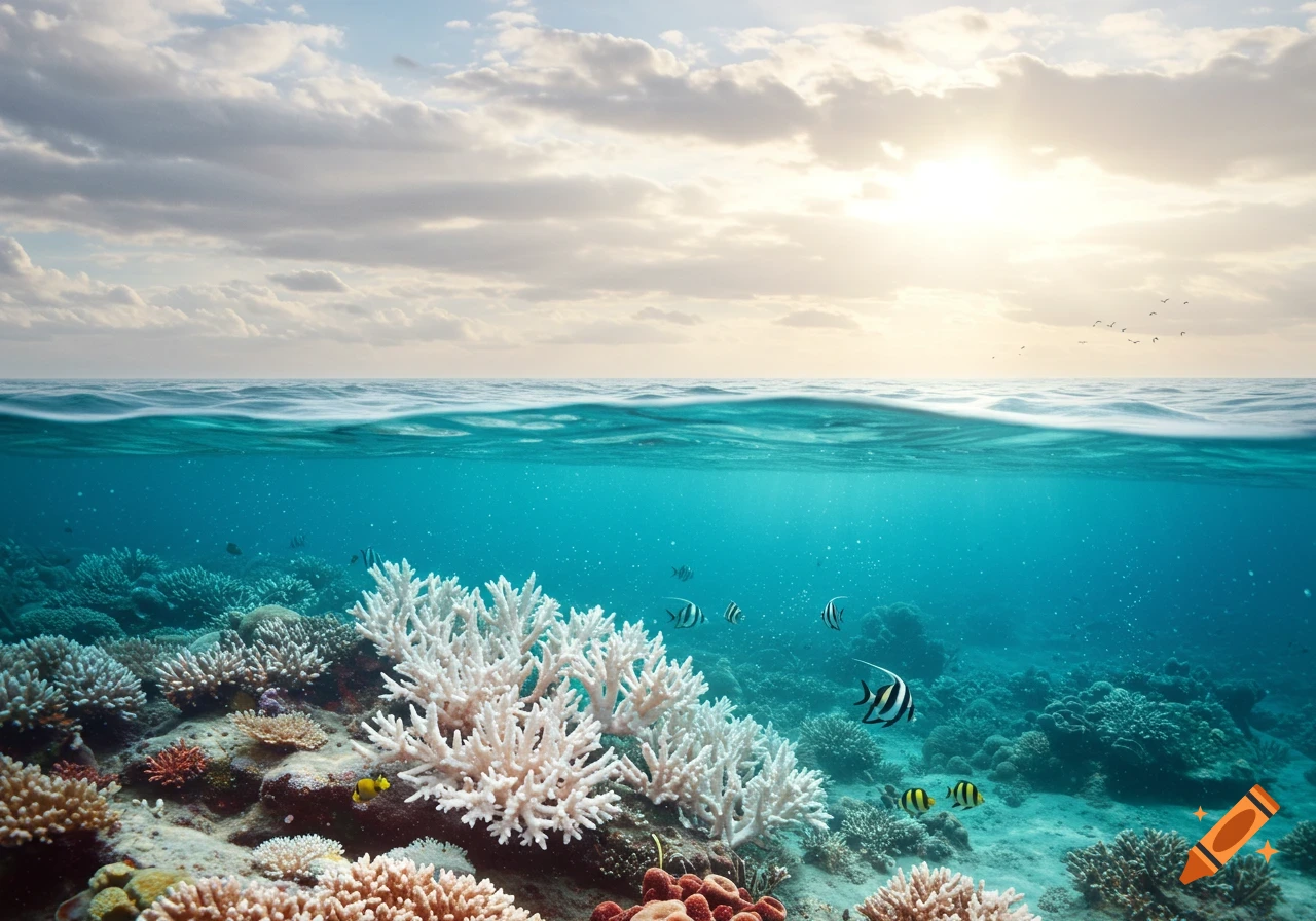 Photorealistic split view of a vibrant coral reef with fish underwater and the ocean surface with sky above.