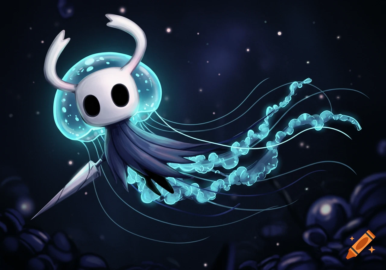 A character from Hollow Knight combined with a jellyfish floats in a dark, starry background.
