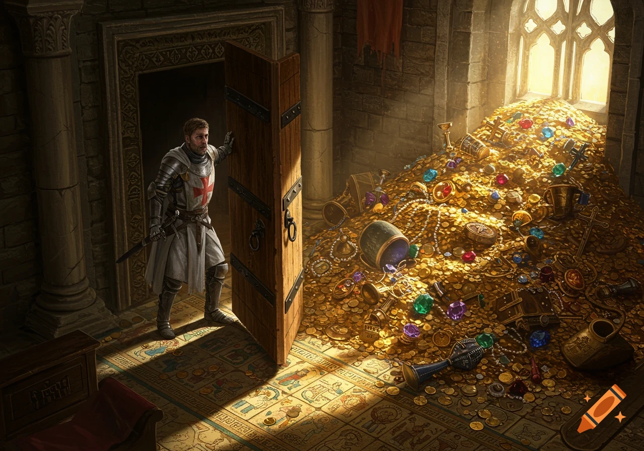 A knight in armor opens a heavy wooden door to a room flooded with sunlight, revealing a massive pile of gold coins and jewels.