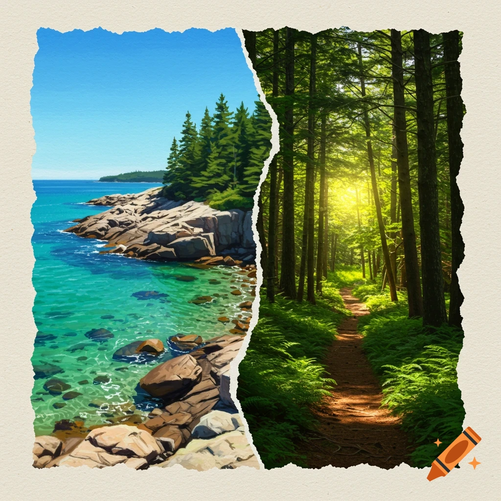 Painting of a rocky coast with turquoise water and pine trees next to a sunlit forest path, separated by a torn paper edge.