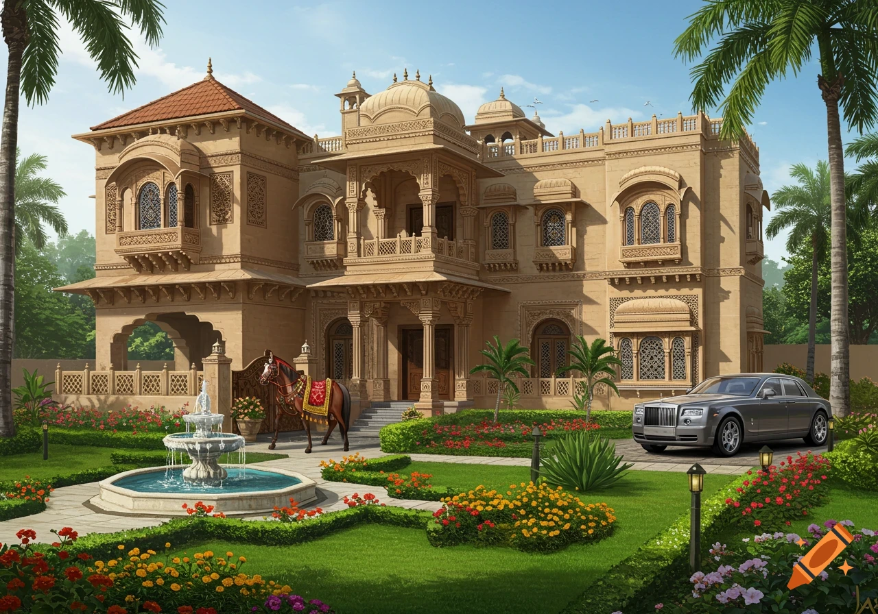 Grand Indian-style villa with fountain, horse, and luxury car in a landscaped garden.