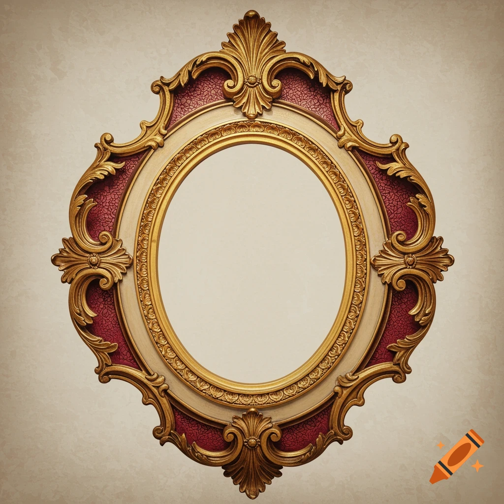 An ornate oval frame with gold, red, and cream details against a textured beige background.