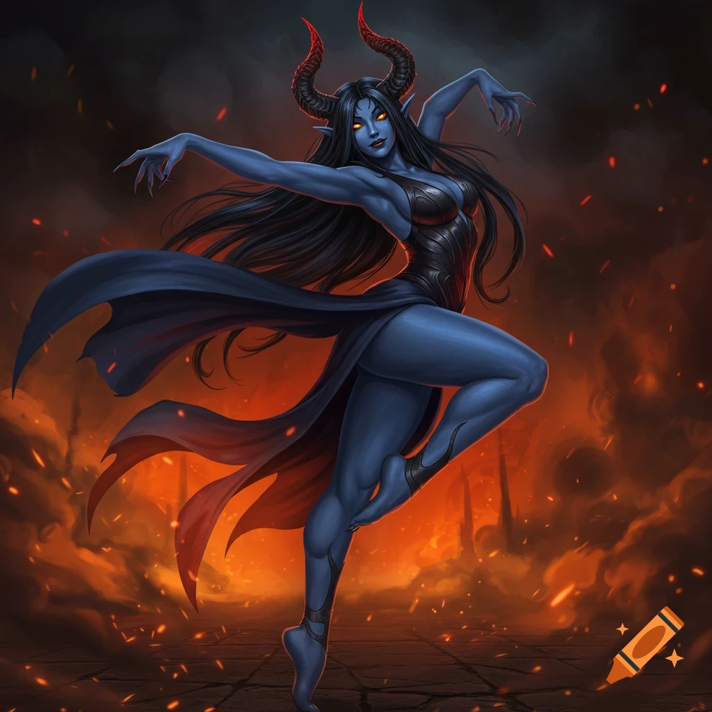 Blue-skinned demon dancer with horns poses in a fiery inferno