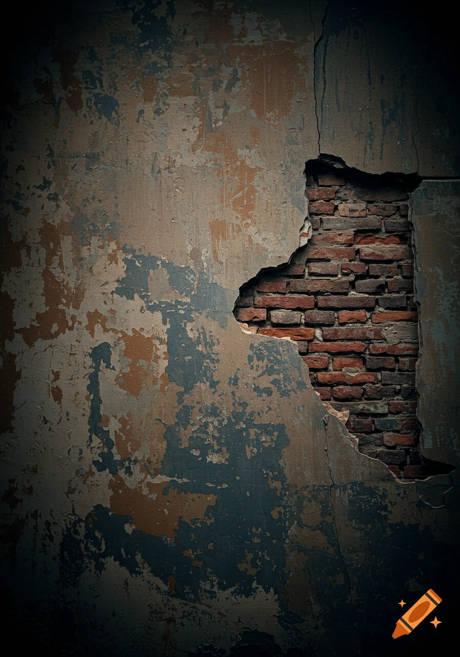 Grunge texture of a peeling wall with exposed red bricks.